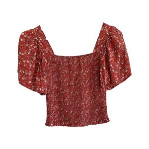 Japna Smocked Crop‎ Top Womens Size Large Flowy Short Sleeves Red Floral